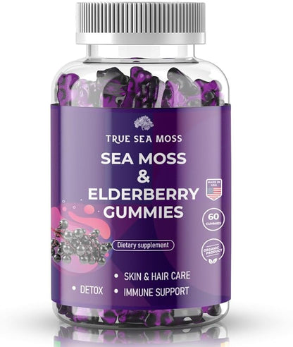 Sea Moss Elderberry Gummies with Magnesium, Burdock Root and Bladderwrack - Immune Support for Kids and Adults 60pcs - Bag Pack of 1