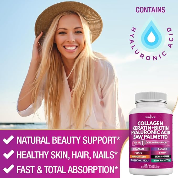 Collagen Pills 1000mg Biotin 10000mcg Keratin 2500mg Hyaluronic 180 Count