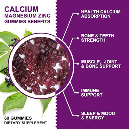 Calcium Magnesium Zinc Gummies with High 2:1 Ratio, D3 Sea Vegan-2 Pack