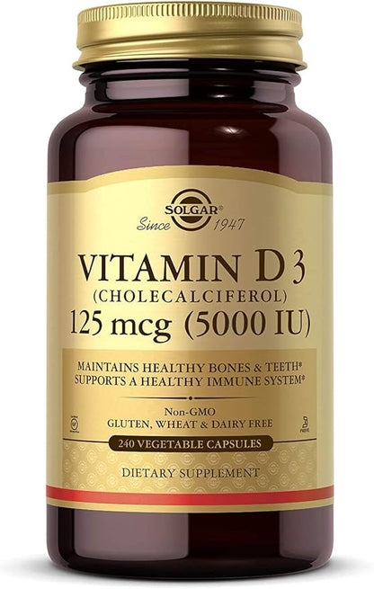 Solgar Vitamin D3 (Cholecalciferol) 125 mcg (5000 IU), 240 Vegetable 240 Servings