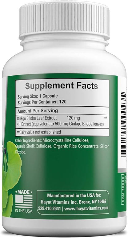 HAYAT Vitamins Vegan Ginkgo Biloba 500 MG 120 Capsules,