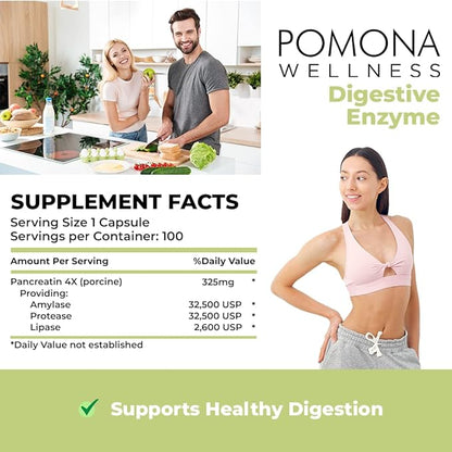 Pomona Wellness Digestive Enzyme Probiotic Supplement, 325mg, Supports 100 Count