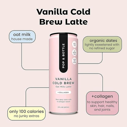 Pop & Bottle Classic & Vanilla Oat Milk Lattes - Cold Brew, Marine Collagen & Antioxidants, MCT Oil, Organic, Dairy Free, Gluten Free, Lightly Sweetened with Dates - 8 Fl Oz (Pack of 12), 6 Each