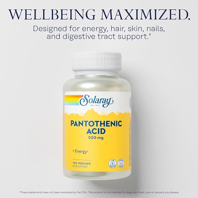 Solaray Pantothenic Acid 500mg - Vitamin B 5 for Coenzyme-A Production and Energy Metabolism, Hair, Skin, and Nails Support - Vegan, Lab Verified, 60-Day Guarantee - 100 Servings, 100 VegCaps