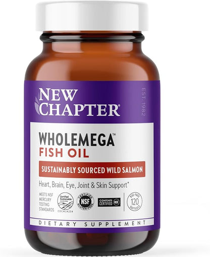 New Chapter Wholemega Fish Oil Supplement Omega-3 + D3 + 120 ct, 1000mg Softgels