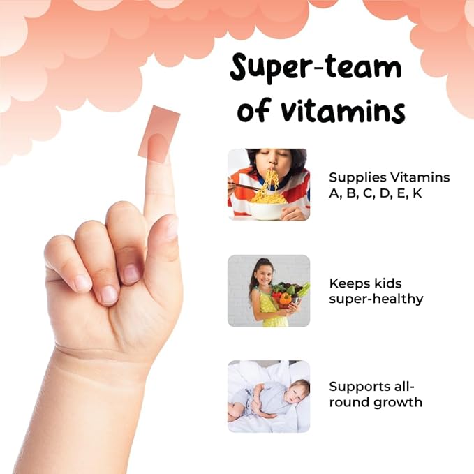 Soul Strips Super Vita-Mini - Essential Vitamins A, B, C, D, E, K & Minerals for Kids' Growth & Health, Raspberry, Zero Sugar, 100% Vegan, 30 Strips Pack '