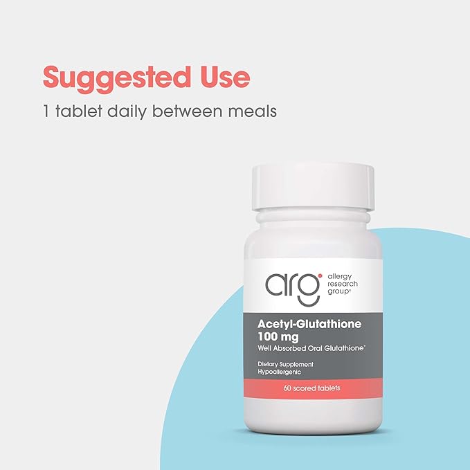 Allergy Research Group Acetyl-Glutathione - S-Acetyl-L-Glutathione, Well Absorbed, Oral Glutathione, Immune Support, 100 mg Supplement, Hypoallergenic, Scored Tablets - 60 Count