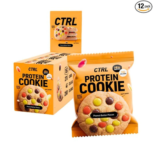 CTRL Peanut Butter Piece Protein Cookies - Soft Baked Cookies with Rich and Creamy Peanut Butter Pieces - Nutrition Packed Protein Treats with 15g of Protein, 4g Collagen & Fiber - Protein Snack for Active Lifestyles (12 Pack)
