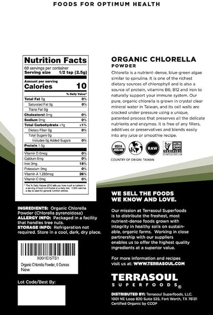 Terrasoul Superfoods Organic Chlorella Powder (Cracked Cell Walls), 6 Ounces