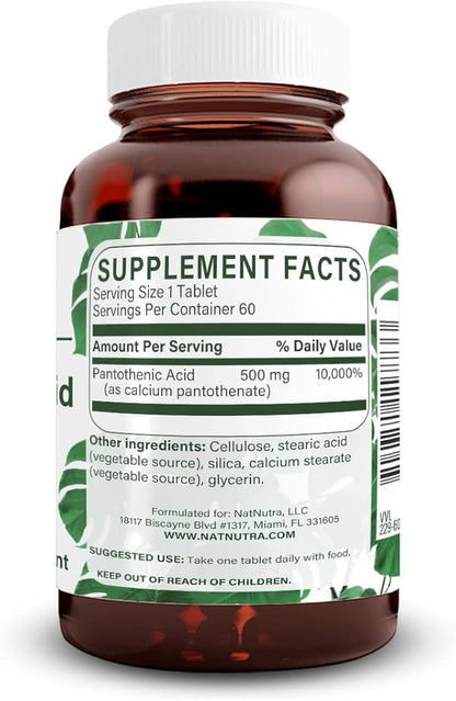 Natural Nutra Time Release Pantothenic Acid 500 mg, Vitamin B5 Supplement Helps Break Down Fat and Carbohydrates, Metabolism and Energy, Improve Muscle Health, Reduce Skin Spots, 60 Vegetarian Tablets