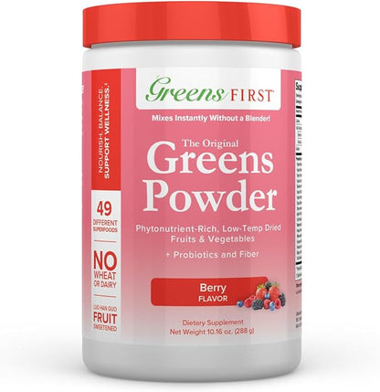 Greens First Original Greens Powder - 49 Superfoods - Organic Fruits & Veggies - Prebiotics, Probiotics & Digestive Enzymes - Antioxidant Smoothie - Dairy Free, Vegan & Non-GMO (Berry, 30 Servings)