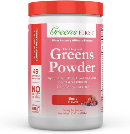 Greens First Original Greens Powder - 49 Superfoods - Organic Fruits & Veggies - Prebiotics, Probiotics & Digestive Enzymes - Antioxidant Smoothie - Dairy Free, Vegan & Non-GMO (Berry, 30 Servings)