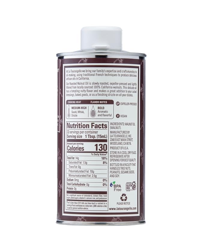 La Tourangelle, Roasted Walnut Oil, Plant-Based Source of Omega-3 Fatty Acid, Cooking, Baking, & Beauty, 16.9 Fl Oz