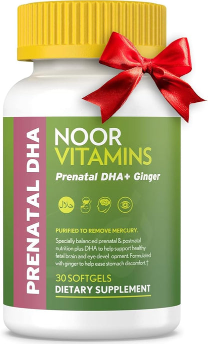 Noor Vitamins Halal Prenatal Vitamins with DHA and Folic Acid, Essential Vitamins, Ginger to Soothe Mom's Stomach, Iron, Softgels, Prenatal Vitamin Before/During/Post Pregnancy (1 Month Supply)