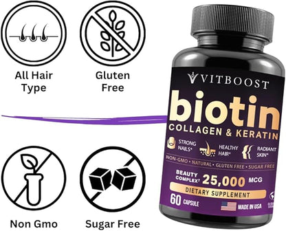 Biotin with Hyaluronic Acid, Collagen and 25000 mcg B1, B2, B2, B3, B3, B6, B6, B7 B7 Complex 60 Capsules