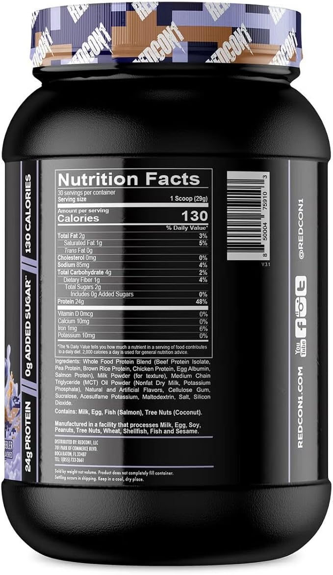 REDCON1 MRE Lite Whole Food Protein Powder, Blueberry Cobbler - Low Carb & Whey Free Meal Replacement with Animal Protein Blends - Easy to Digest Supplement Made with MCT Oils (30 Servings)