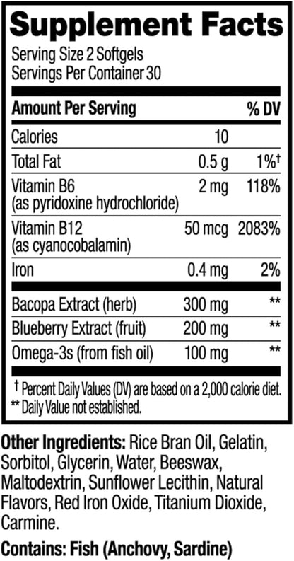 OLLY Ultra Strength Brain Softgels, Nootropic, Supports Healthy Brain Function, Memory, Focus and Concentration, Omega-3s, Vitamins B6 and B12, 30 Day Supply - 60 Count