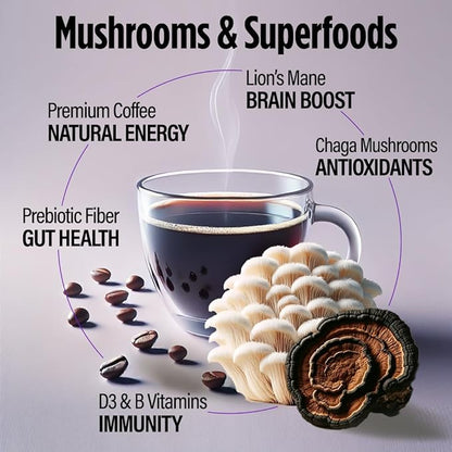 VitaCup Focus Mushroom Instant Coffee | For Memory & Clarity Support | with Fiber, Chaga, Lion’s Mane | D3 & B Vitamins | Medium Roast 100% Arabica & Robusta Instant Coffee | 30 Servings