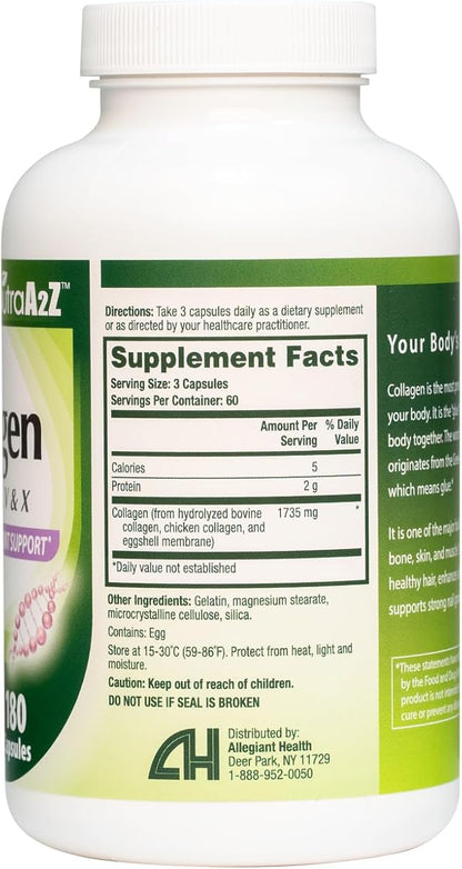 Multi Collagen Pills 1735mg -180 Collagen Capsules (60 Servings) - Types I, II, III, V & X for Healthy Skin, Hair, Nails & Joint Support