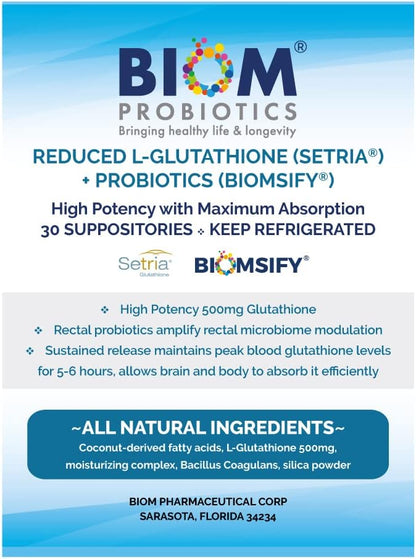 High Potency 500mg Reduced L-Glutathione (Setria Brand) + Probiotic Suppository. Maximum Bioavailable Glutathione Formulation with Powerful Antioxidants. Probiotic Complements The Formulation