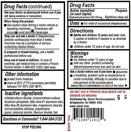 Safrel Nighttime Sleep Aid, Diphenhydramine HCl 25mg (100 Count 1), 100, 100, Count)