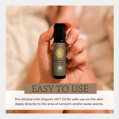 Organic Frankincense Oil & Myrrh Essential Oil Roll On, 100% Pure USDA Certified Aromatherapy for Body Aches, Stiffness & Tingling, Stress Relief, & Skin - 10 ml Roller by Silk Road Organic