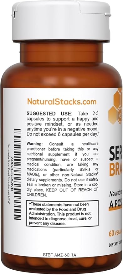 NATURAL STACKS Serotonin Brain Food w/L-Tryptophan & Rhodiola Rosea - Mood Support Supplement - Promotes Positive Mood, Calmness, Stress Relief - Happy Mood & Brain Support Supplement - 60 Capsules