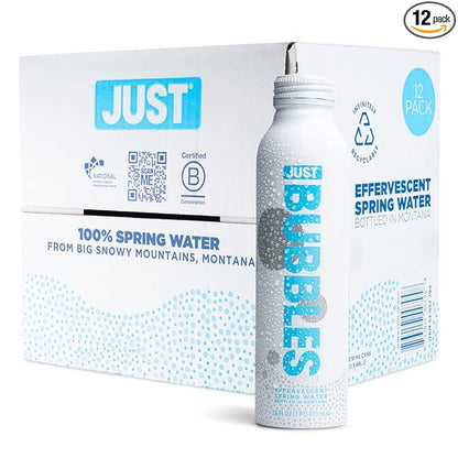 JUST Bubbles - Pure Premium Sparkling Spring Water in a Fully Recyclable Reusable Eco-Friendly Bottle - 100% Mountain-Sourced Carbonated Water with Naturally Occurring Minerals, 16 Fl Oz (Pack of 12)