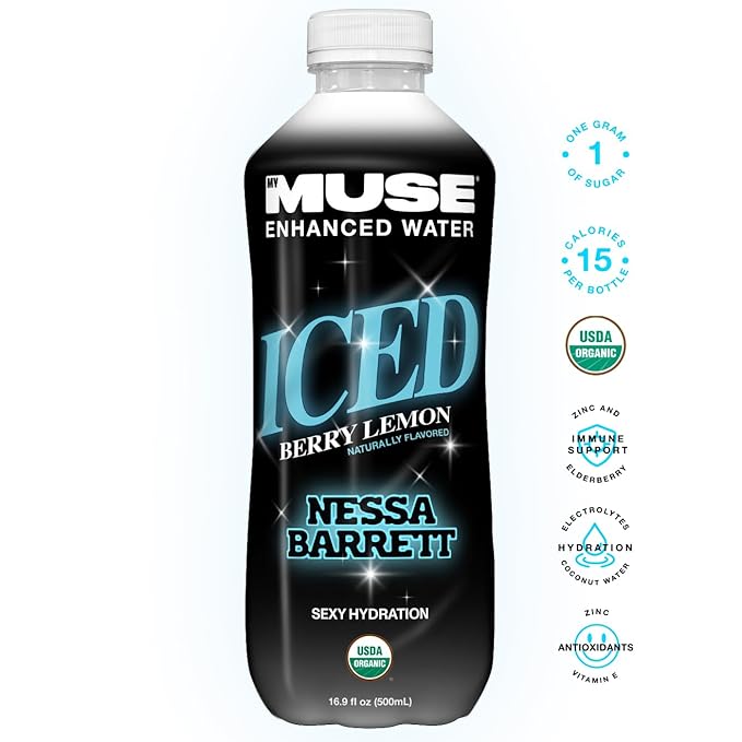 MyMuse Organic Enhanced Flavored Water, Ice Berry Lemon, 16.9 Fl Oz Bottle (12 pack), 1G of Sugar, Immune Support with Zinc & Elderberry, Antioxidants Vitamin E, Low Calories, USDA organic