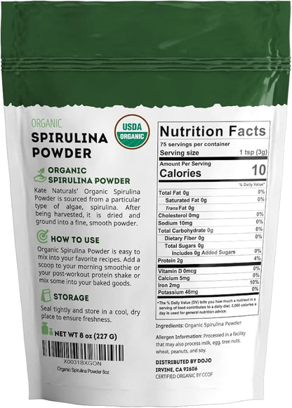 Kate Naturals Organic Spirulina Powder for Immune Support and Antioxidants. Nutrient Dense Superfood Supplement (8 oz, USDA Certified, Non-GMO, Gluten- Free)