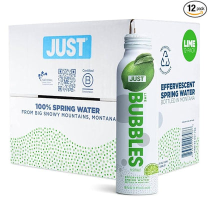 JUST Bubbles Lime - Pure Premium Sparkling Spring Water in a Fully Recyclable Reusable Eco-Friendly Bottle - 100% Mountain-Sourced Carbonated Water with Naturally Occurring Minerals, 16 Fl Oz (Pack of 12)
