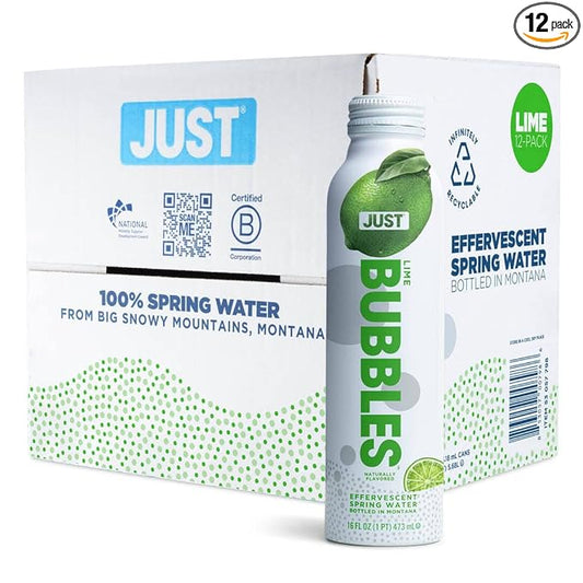 JUST Bubbles Lime - Pure Premium Sparkling Spring Water in a Fully Recyclable Reusable Eco-Friendly Bottle - 100% Mountain-Sourced Carbonated Water with Naturally Occurring Minerals, 16 Fl Oz (Pack of 12)