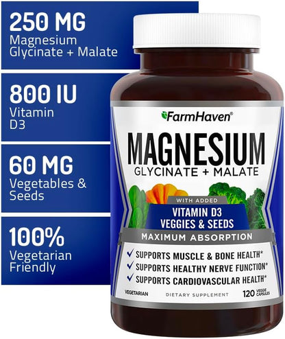 FarmHaven Magnesium Glycinate & Malate Complex D3, 100% 100% Chelated 600 Capsules, 300 Days