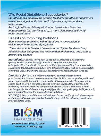 High Potency 500mg Reduced L-Glutathione (Setria Brand) + Probiotic Suppository. Maximum Bioavailable Glutathione Formulation with Powerful Antioxidant Properties.