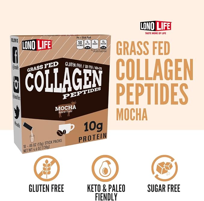 LonoLife - Mocha Collagen Peptides 10g Protein, 10 Servings, 10 Count