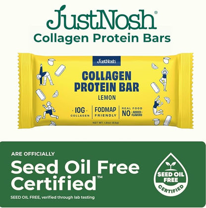 JustNosh Collagen Protein Bars, 10g Collagen, 13g Protein, Gluten Free, Dairy Free, FODMAP Friendly, Seed Oil Free Certified, Clean Ingredients | Lemon (12 Pack)