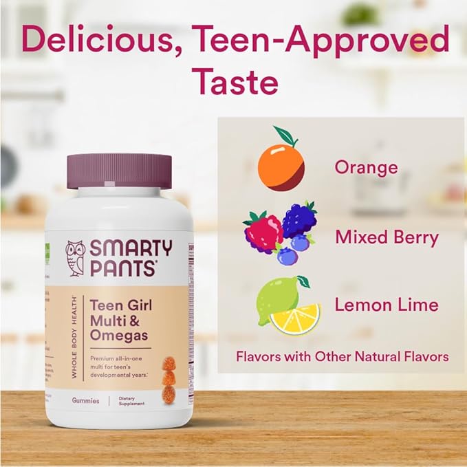SmartyPants Teen Girl Multivitamin Gummies: Omega 3 Fish D3, C, B12, B6, B6, Vitamin 120 Count (30 Day 2)