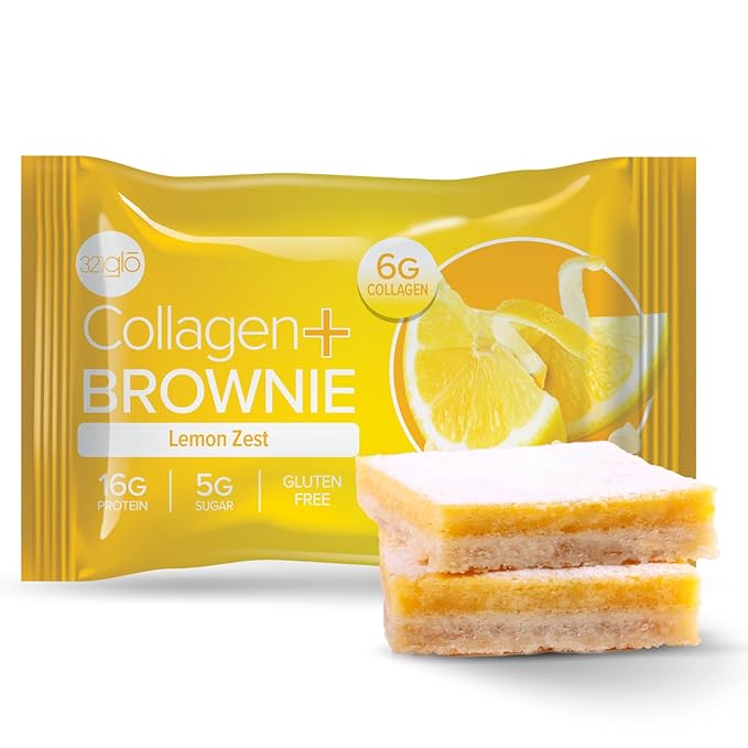321glo Collagen Protein Brownie | Gluten Free, Low Sugar | Keto Snack for Women, Men, & Kids | 16g Protein, 6g Collagen | 12 Pack (12 Pack, Lemon Zest)