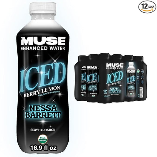 MyMuse Organic Enhanced Flavored Water, Ice Berry Lemon, 16.9 Fl Oz Bottle (12 pack), 1G of Sugar, Immune Support with Zinc & Elderberry, Antioxidants Vitamin E, Low Calories, USDA organic