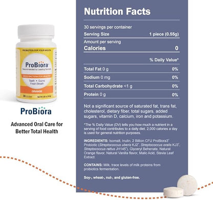 ProBiora Oral-Care Chewable Probiotic Tablets | Probiotic Supplement for Women & Men | Healthier Teeth & Gums | Fresher Breath | Whiter Teeth | 30 Count | Pack of 2 | Orange