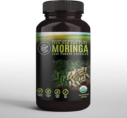 100% Raw and Pure Moringa Leaf Powder Capsules. Organic Certified Moringa Leaf. Natural Superfood with Essential Amino Acids, Antioxidants and Omega 3, 500mg, 120 Capsules.