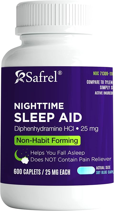 Safrel Nighttime Sleep Aid, Diphenhydramine HCl 25mg (600 Count 1), 600, 600, Count)