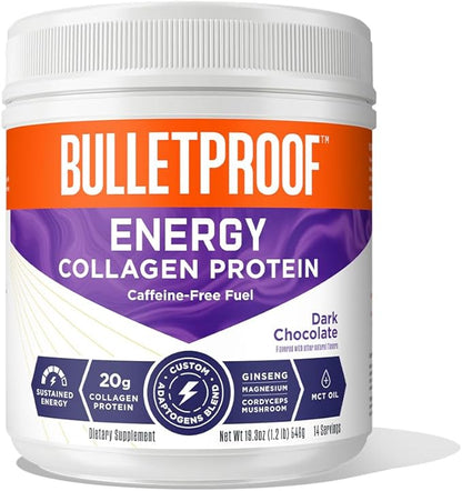 Bulletproof Dark Chocolate Energy Collagen Protein, 19.3 Ounces, Caffeine-Free Fuel with Vitamins and Antioxidants, Blend with Ginseng, Magnesium, Cordyceps Mushroom