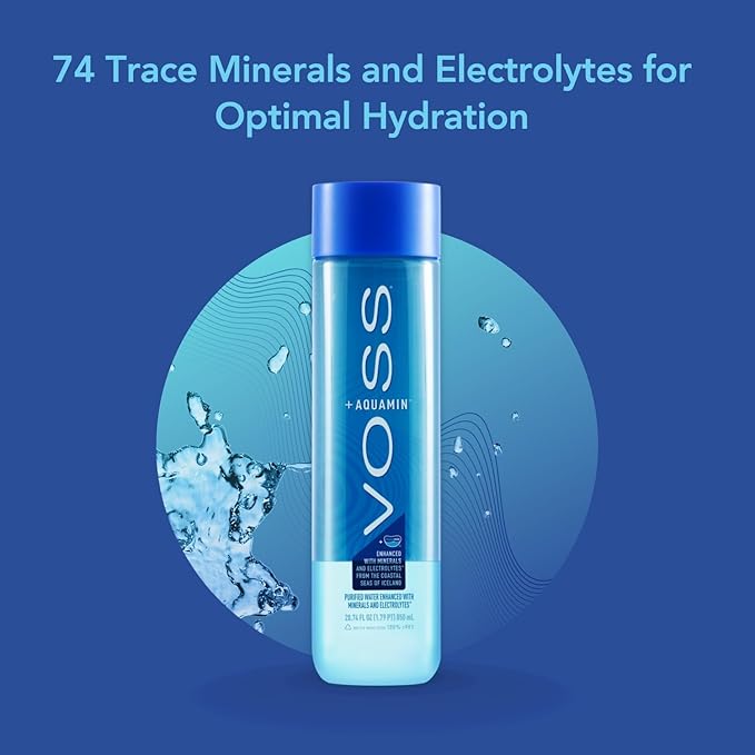 VOSS+ Aquamin Enhanced Water - Pack of 12 Bottles, 850ml Each - Purified Hydrating Water - 74 Trace Minerals & Electrolytes - Perfect for Active Lifestyles, at the Gym & on Hot Days - Recycled PET Bottle