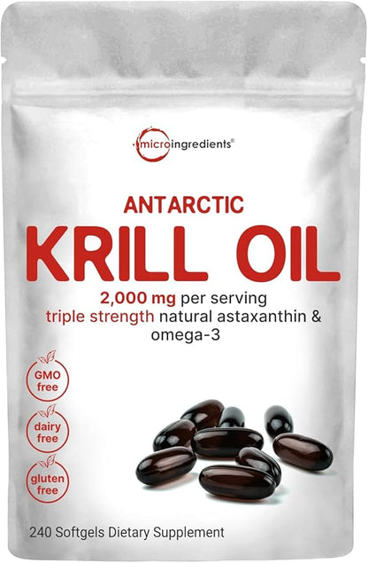 Micro Ingredients Antarctic Krill Oil Supplement, 2,000mg Per 240 Softgels, Omega-3s EPA,