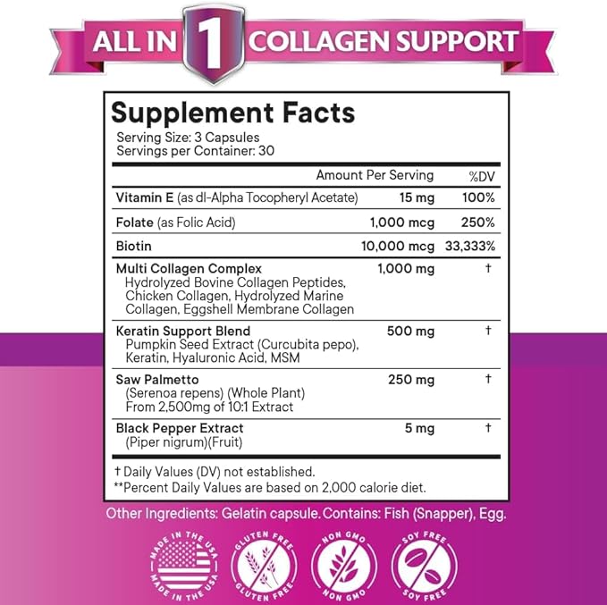Collagen Pills 1000mg Biotin 10000mcg Keratin 2500mg Hyaluronic 270 Count