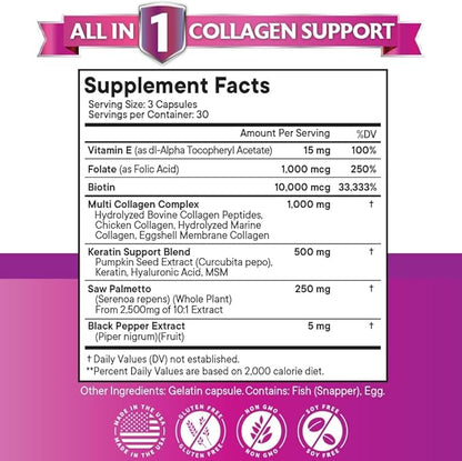 Collagen Pills 1000mg Biotin 10000mcg Keratin 2500mg Hyaluronic 90 Count