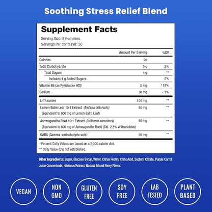 Calm Gummies | Stress Gummies Supplement with Ashwagandha, L-Theanine, GABA, Vitamin B6 & Lemon Balm | Supports Mood, Focus & Stress Relief | Vegan & Non-GMO | Natural Berry | 90 Gummies