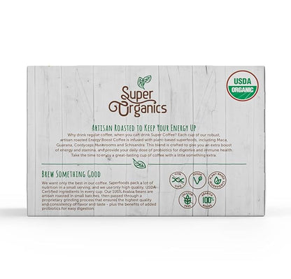 Super Organics Energy Boost Coffee Brew Cups with Superfoods & Probiotics Keurig K-Cup Compatible Energizing, Stamina Medium Roast, USDA Certified Organic, Vegan, Non-GMO, 60ct