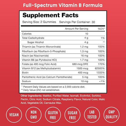 Vitamin B Complex Gummies | Vitamin B Gummies for Women, Men & Kids | Boosts Energy & Metabolism | B Complex Vitamins B1, B2 (Riboflavin), B3 (Niacin), B5, B6, B7 (Biotin), B9 (Folic Acid), Methyl B12